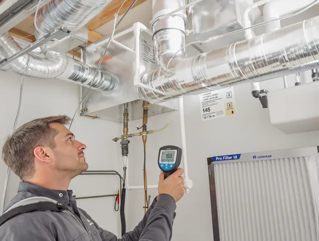 West Warwick Air Duct Cleaning expert conducting detailed filter system inspection using diagnostic tools in West Warwick